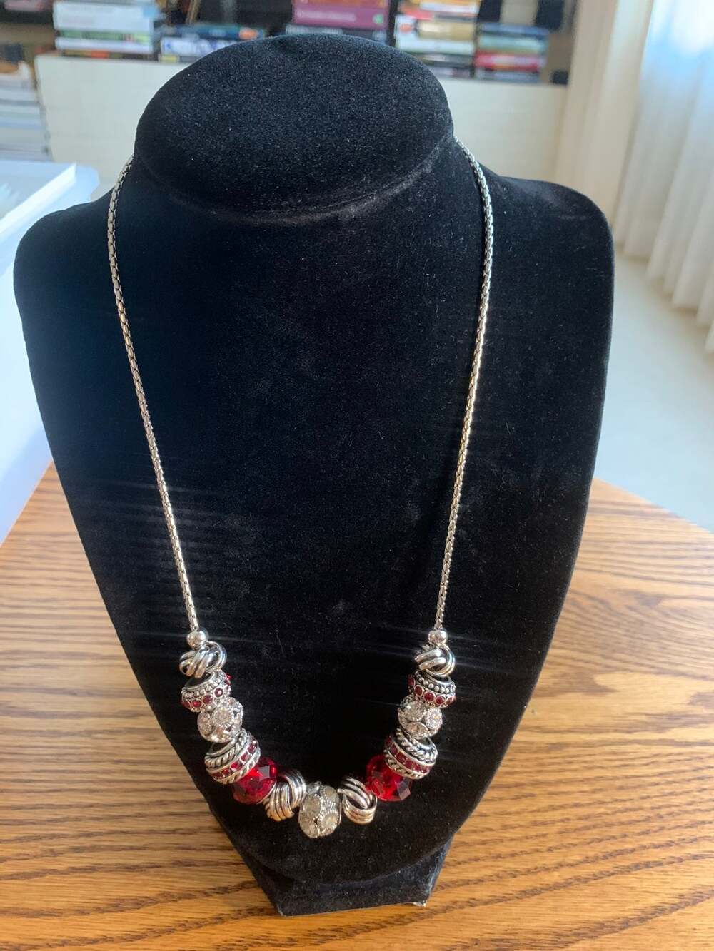 Beaded Charm Necklace Redand Silver Color